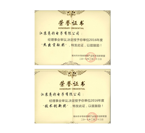 榮獲常州市半導(dǎo)體照明產(chǎn)業(yè)技術(shù) 創(chuàng)新聯(lián)盟頒發(fā)的“杰出貢獻(xiàn)獎”、 “協(xié)助獎”以及“年度先進(jìn)個人獎”
